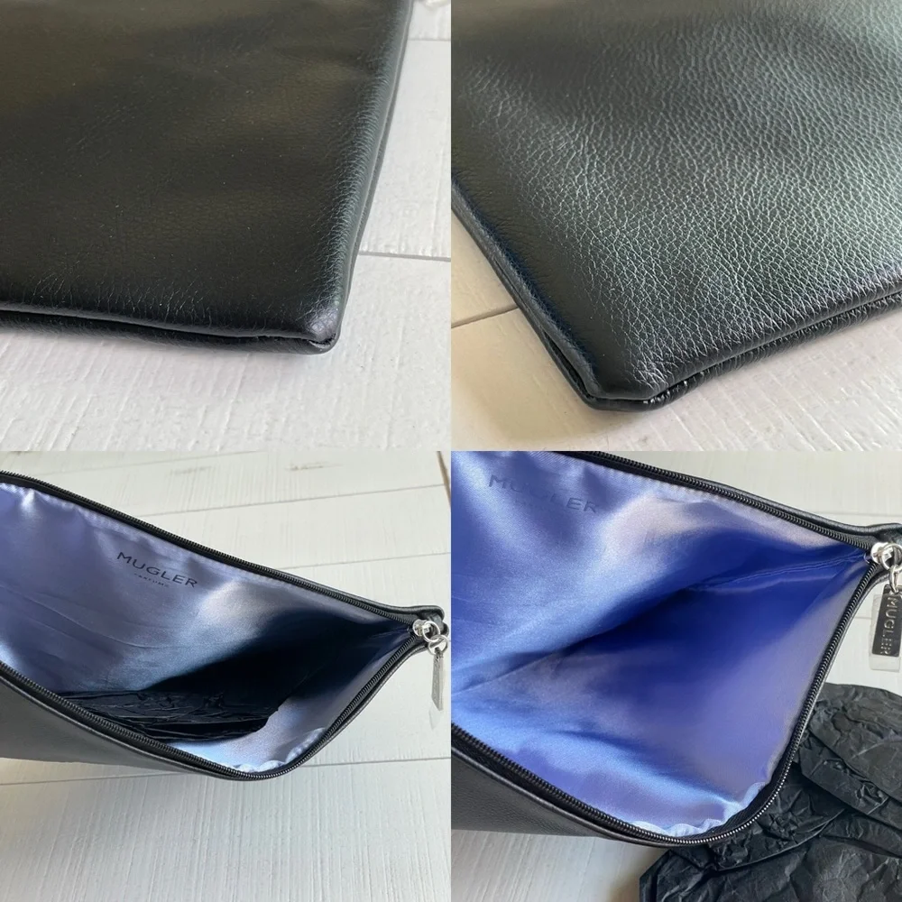 Mugler Black Pebbled Bow Embossed Zip Clutch / Makeup Bag